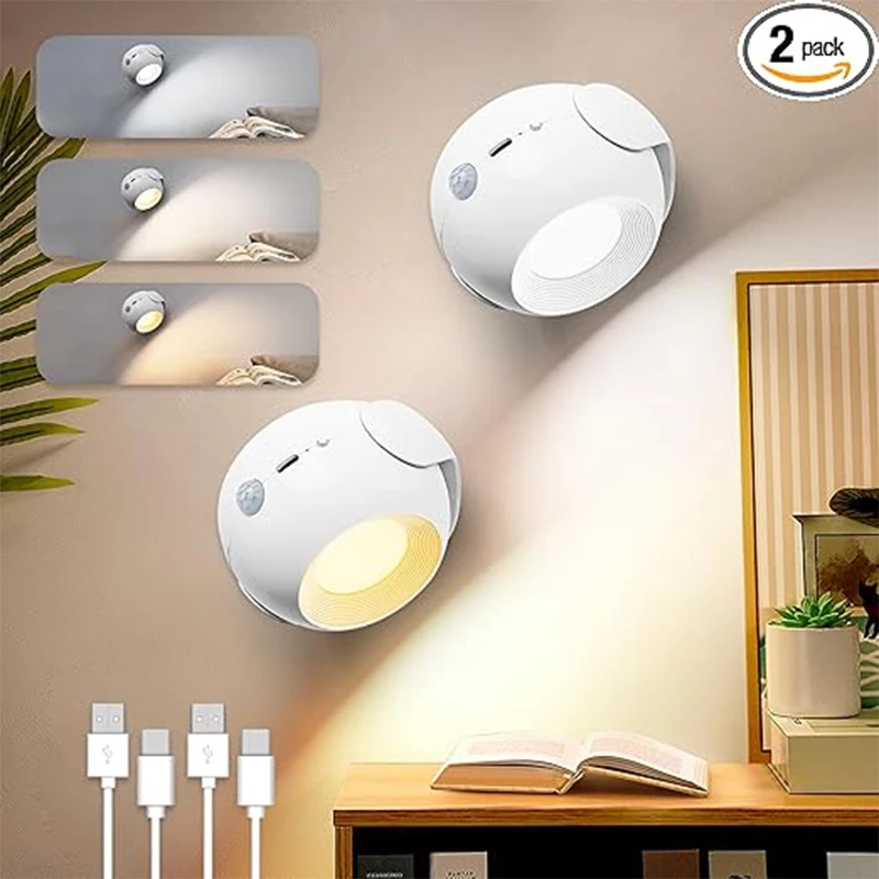 Lámpara Led de pared con Sensor de movimiento, luz nocturna portátil inalámbrica con recarga USB, giratoria, táctil 360, para lectura de dormitorio