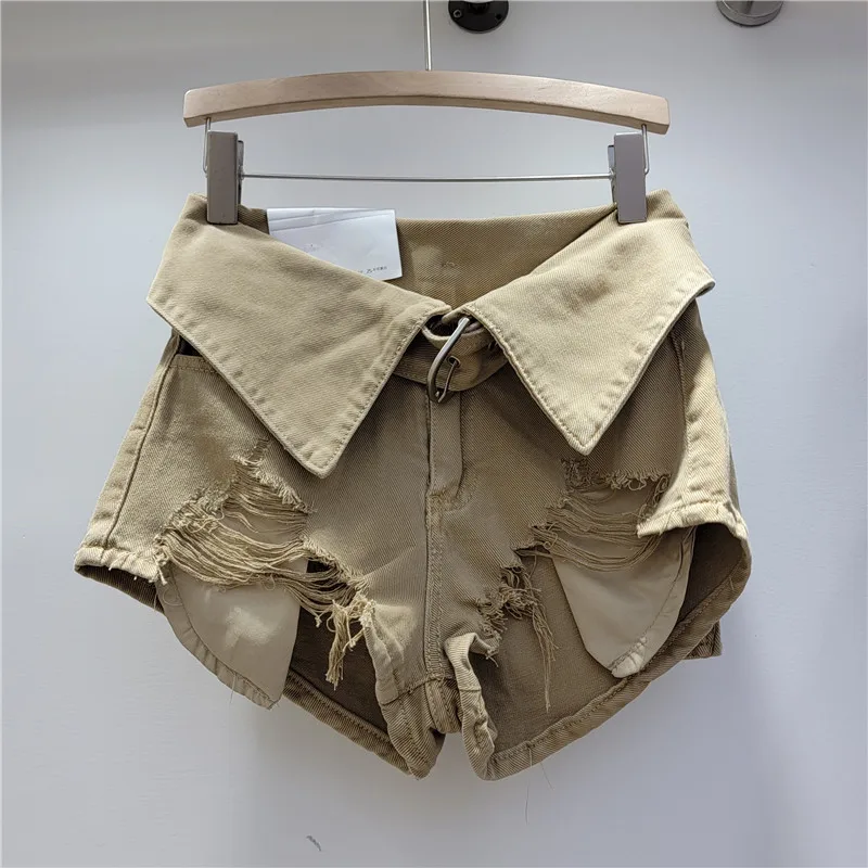 Retro Tattered Short Jeans Women 2024 Spring Summer Hot Girl Style High Waist Slimming and Wide Leg Shorts Black Booty Shorts