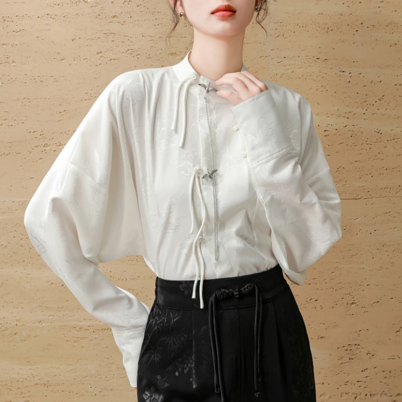 

Женская атласная рубашка в китайском стиле, винтажные блузки с цветами, шелковая модная одежда, свободные женские Топы с длинным рукавом YCMYUNYAN