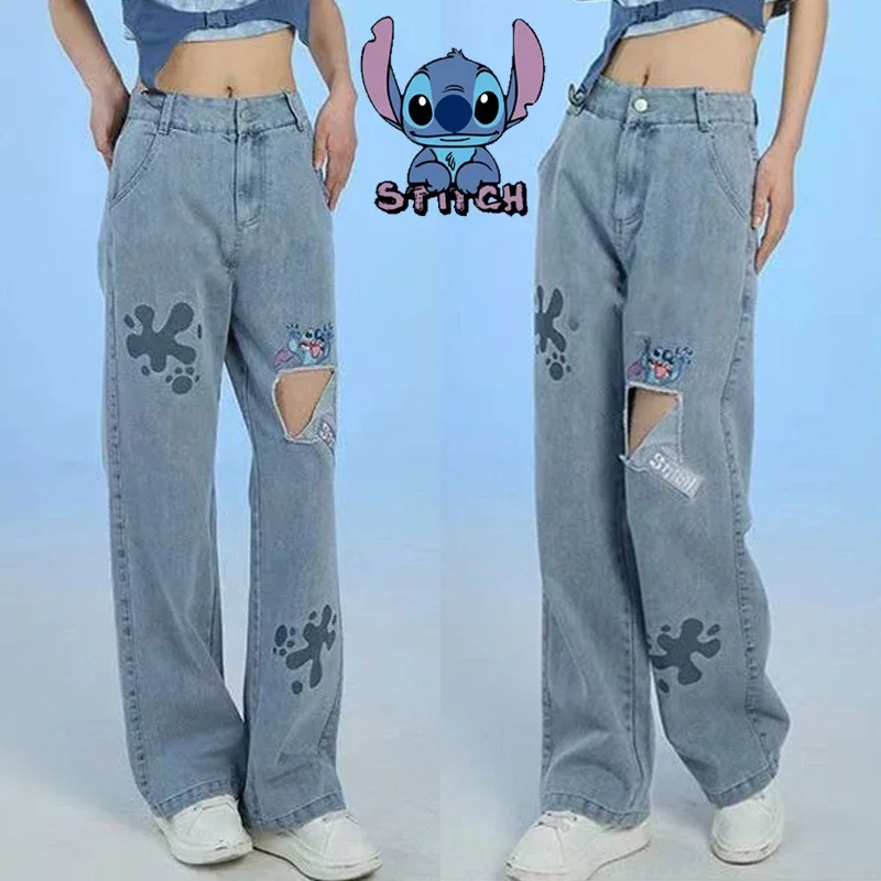 Disney Stitch Ripped Jeans Women High Waist Loose Wide Leg