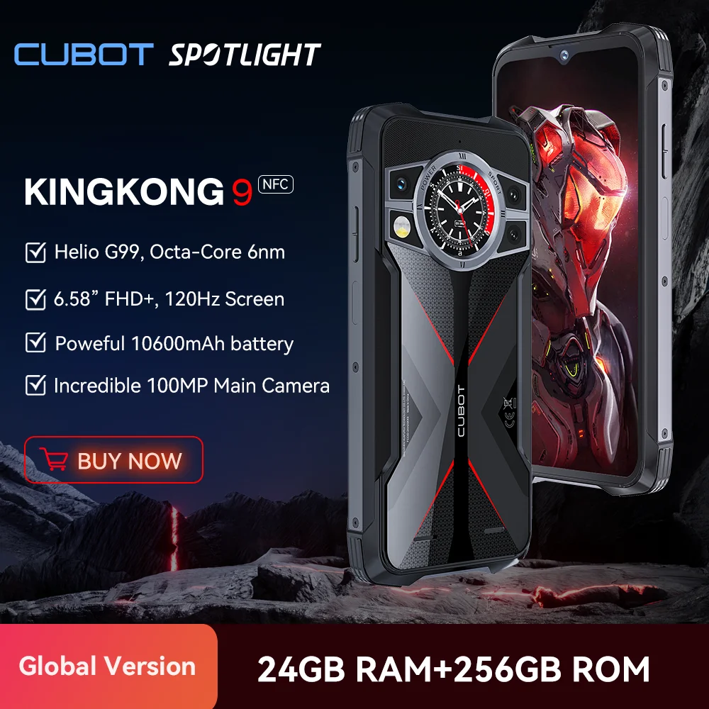 Cubot KingKong 9, Helio G99, восьмиядерный процессор, 120 Гц, 6,583-дюйма экран FHD+, 24ГБ ОЗУ (12ГБ + 12ГБ расширенной), 256ГБ ПЗУ, IP68 защищенный, камера 100МП+32МП, аккумулятор 10600 мАч, NFC 4G