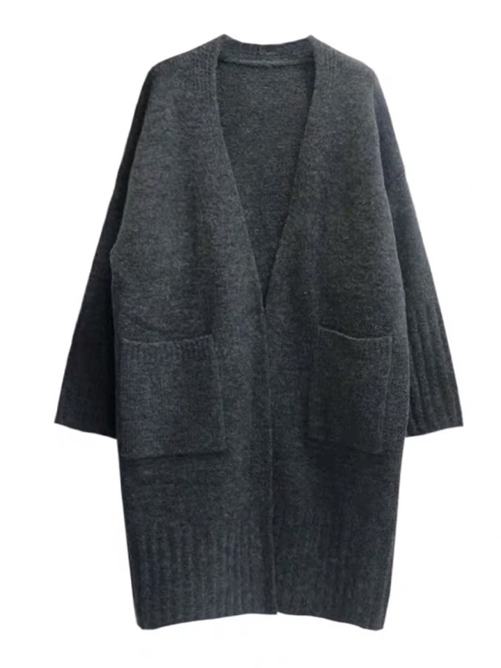 Cardigan grigio da donna con bottoni e tasche, cardigan oversize in lana di alpaca lavorato a mano per donna, maglieria fatta a mano - Italia
