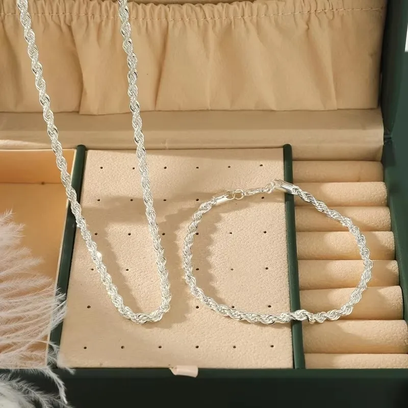 Silver Color 4mm Chain Twisted Jewelry Set for Women Men Fashion Temperament Necklace Bracelets Anniversary Jewelry Gift