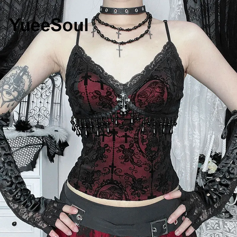 Gothic Crop Tops Black Spaghetti Strap Mesh Slim Corset Tops 2025