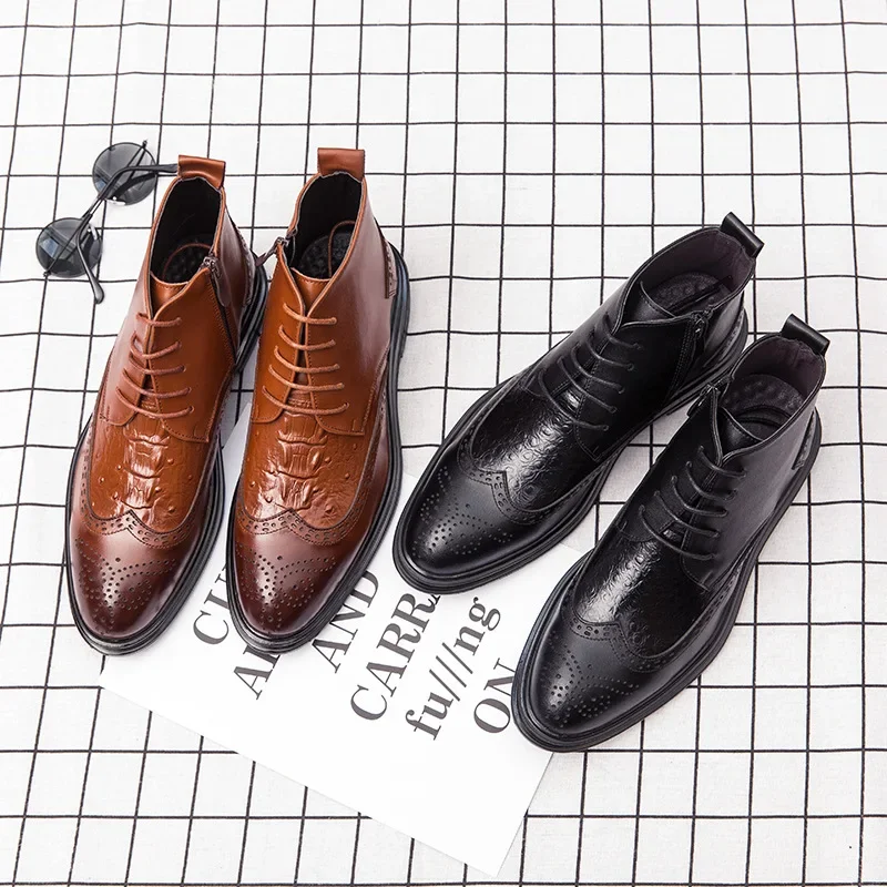 Business Chelsea Boots Mens Winter Ankle Boots Men Leather Zipper Side Thick Artificial Fur Snow Men Winter Dress Shoes