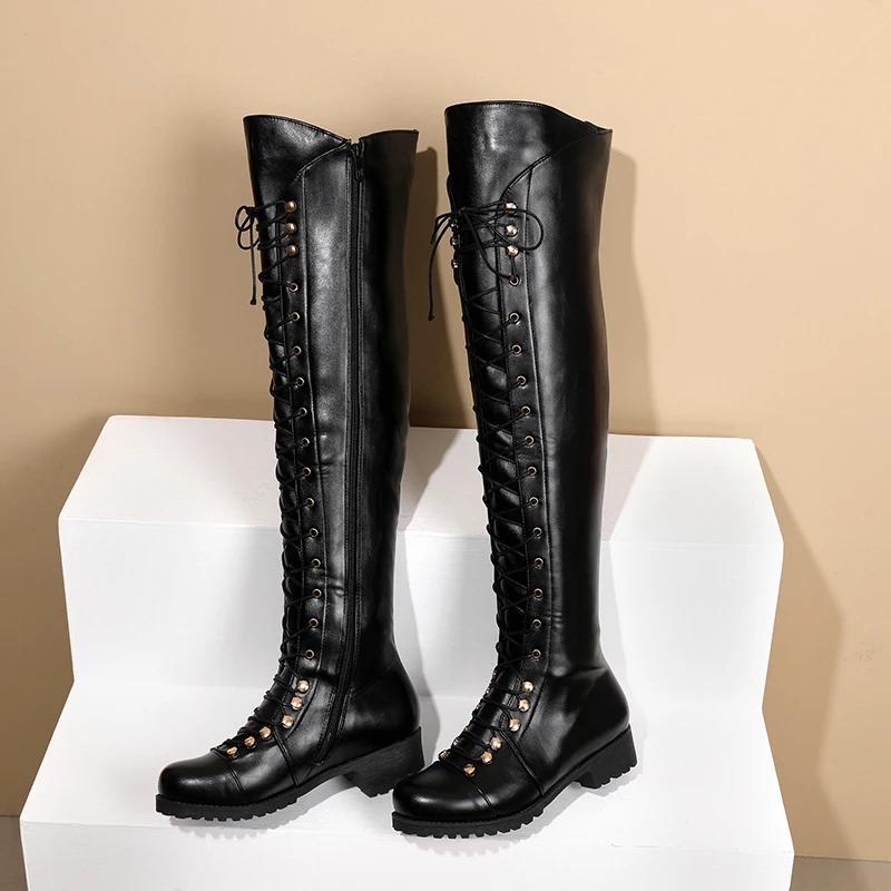 Rivet Metal Round Hole Cross Lace Up Thick Heel Long Tube Women's Boots Side Zipper Plush Inside Over-the-Knee Boots 2022 Winter