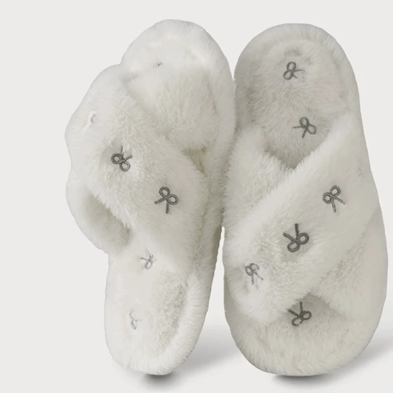 Bowknot Embroidery Plush Slippers Women Fashion Cross Strap Indoor Cotton Slides Woman Flat Heel Home Furry Slippers Mujer