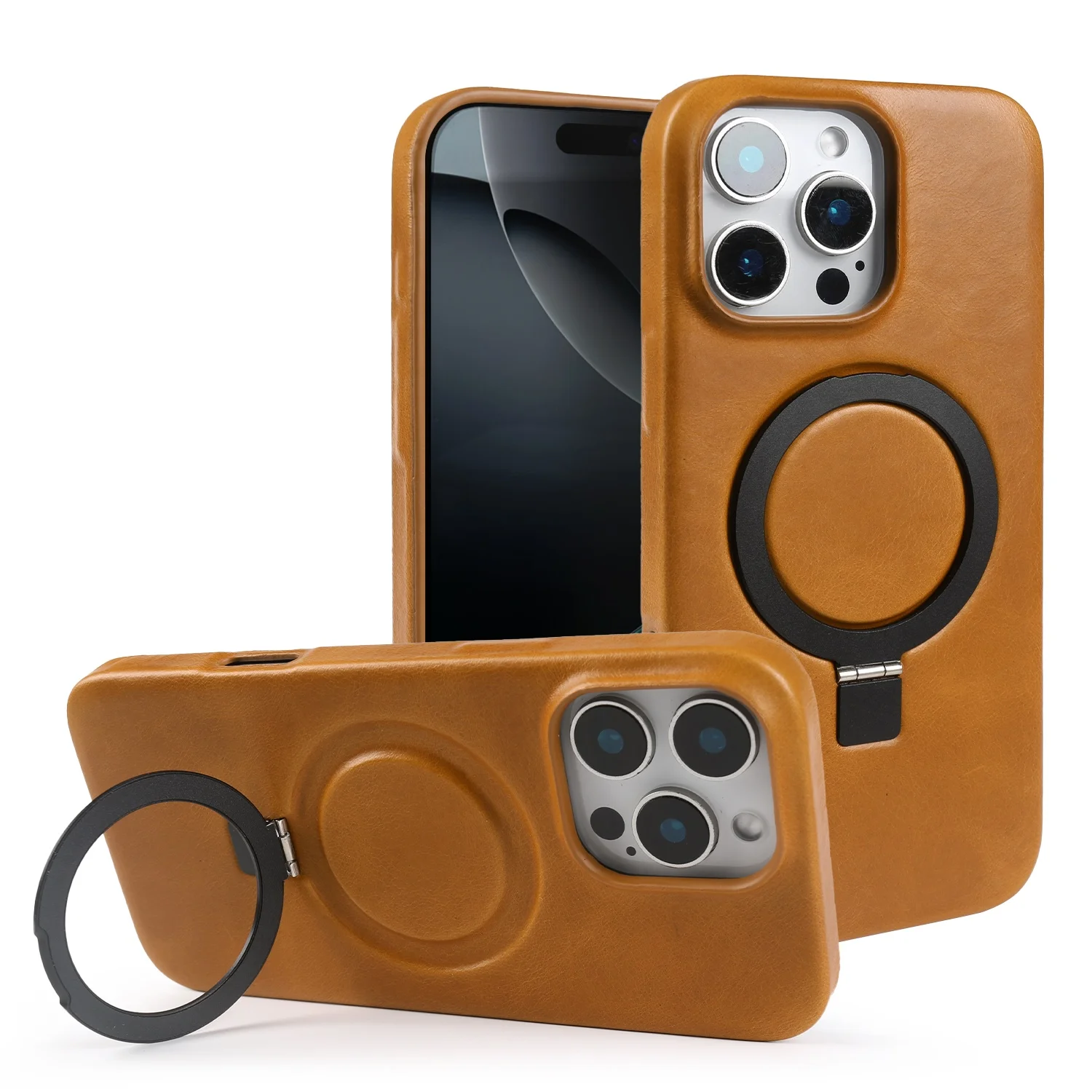 Premium Genuine Leather Stand Case with Magnetic Holder - Full Coverage Phone Cover