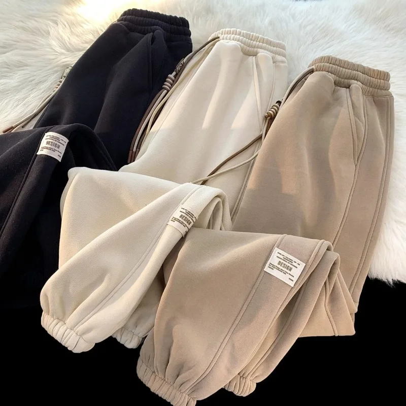 

Plush Velvet and Thickening Women Trousers Winter Clothes Street Casual Pockets Splicing Drawstring High Waist Loose Sweatpants
