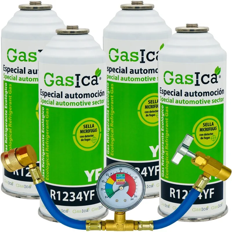 Confezione Da 4 Bottiglie Gas Refrigerante Gasica Yf - R1234Yf + Manometro