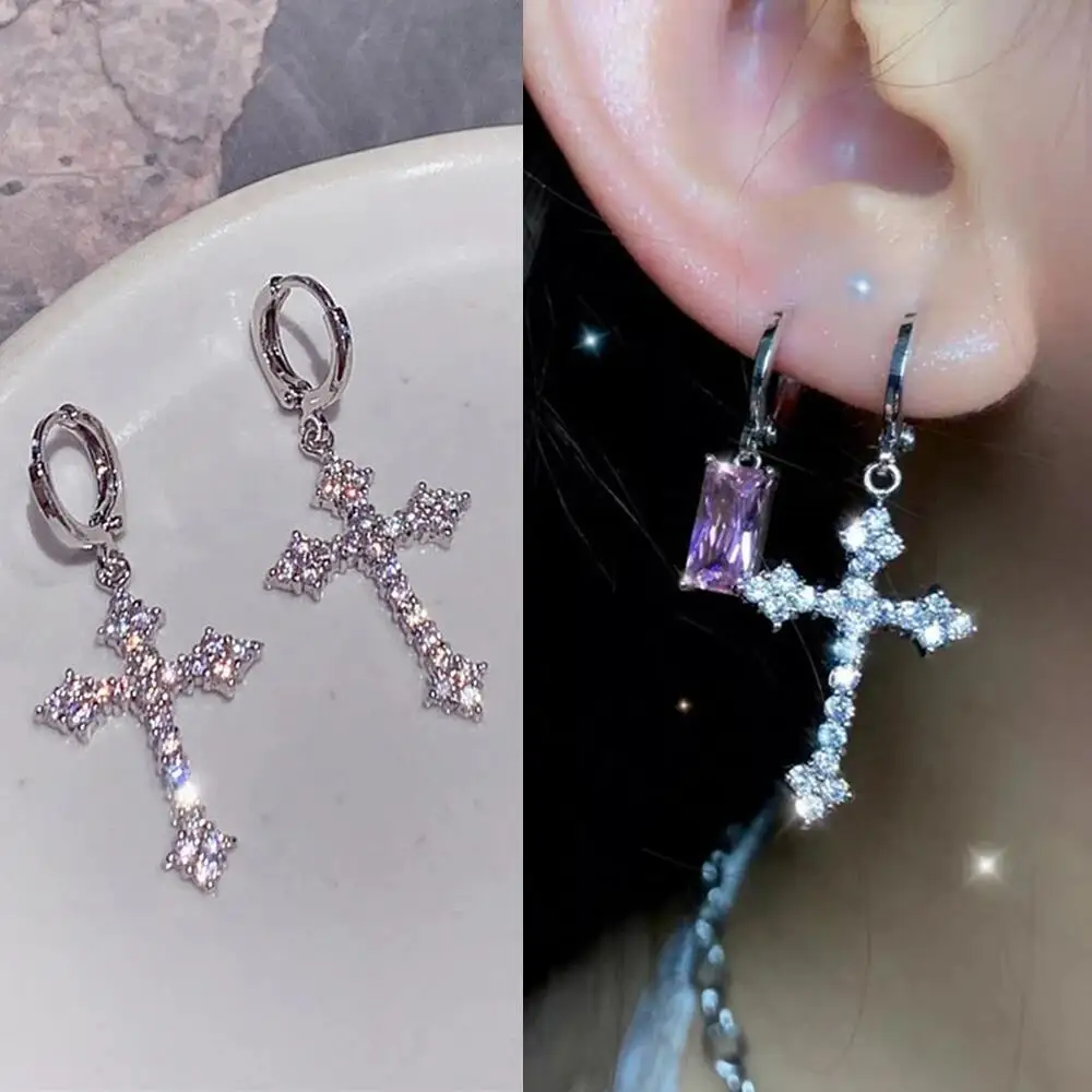 Korean Fashion Zircon Crystal Cross Women Drop Earrings for Gothic Punk Hip Hop Female Piercing Drop Earrings Party Jewelry Gift drop earrings dangle earrings crystal earrings cross earrings