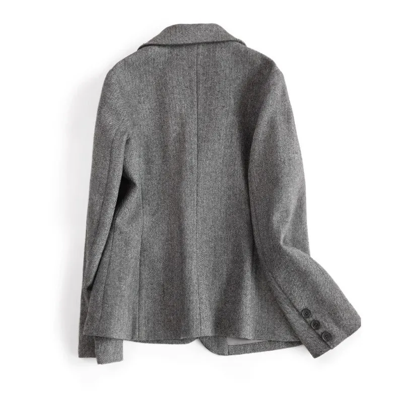 Wool Herringbone Blazers Women Woolen Jacket Suits Middle-aged Autumn Winter Grey Suit Collar Coats Long Sleeves Slim Clothing