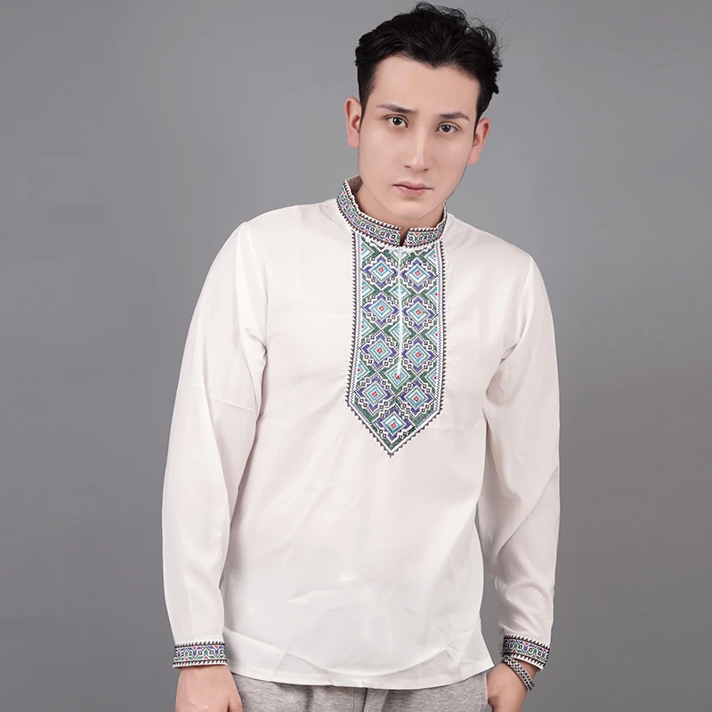 Chinese Xinjiang Uyghur Traditional Long-sleeved Embroidered Top Stand Collar T-shirt for Men Women Tshirt Tees Shirt Blouse