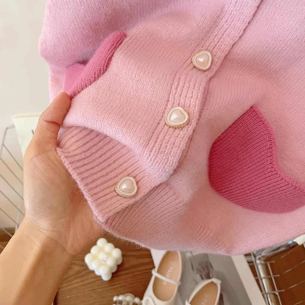 여아용 가디건 스웨터 재킷 2025 봄 신상 한국 스타일 패션 달콤한 핑크 하트 니트 스웨터