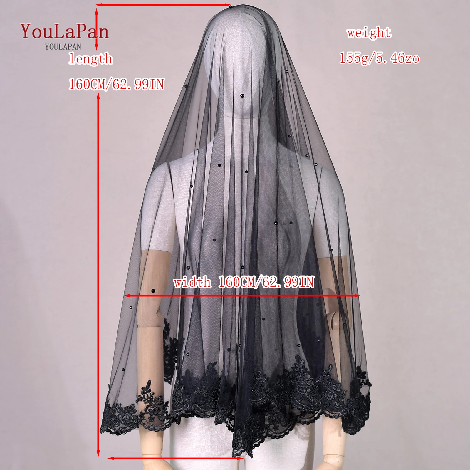 YouLaPan V65B Black Wedding Veils Pearl Lace Edge Bridal 2 Tier Soft Drop Spanish Mantilla Style Romantic Wedding Accessories