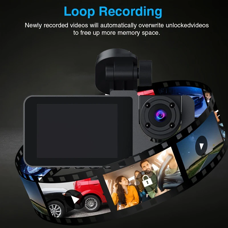 3 Camera 1080P HD Dash Recorder 2.0-Inch IPS Screen Night Vision Recorder Large Wide Angle Cycle Recording