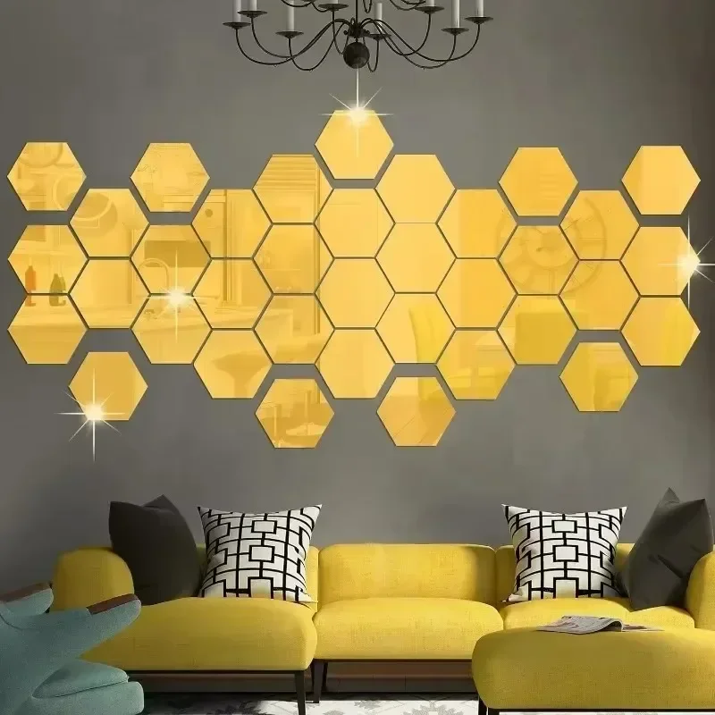 3D Mirror Wall Sticker Hexagon Acrylic Mirror Removable Self-adhesive Gold Silver Solid Paster 100/1x For Room Decor