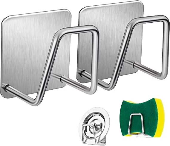 Kitchen Sink Sponge Holder 304 Stainless Steel Self Adhesive Drain Drying Rack Wall Hooks Storage Organizer Kitchen Accessories