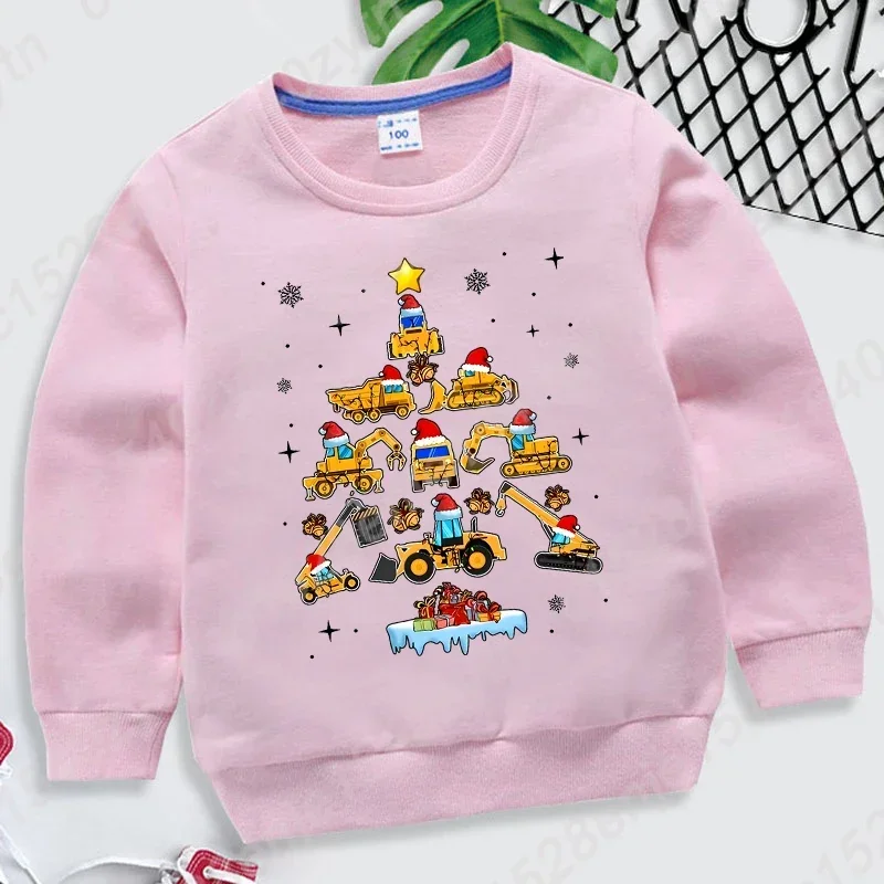 Sudadera con estampado de árbol y camión excavadora navideño para niño, informal, de manga larga, cuello redondo, transpirable, cómoda y navideña