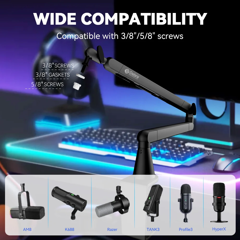 데브라 W-02 프로페셔널 마이크 로우 프로파일 캔틸레버 스탠드 (데스크탑 PC, 모바일 게임, 라이브 레코딩용)
