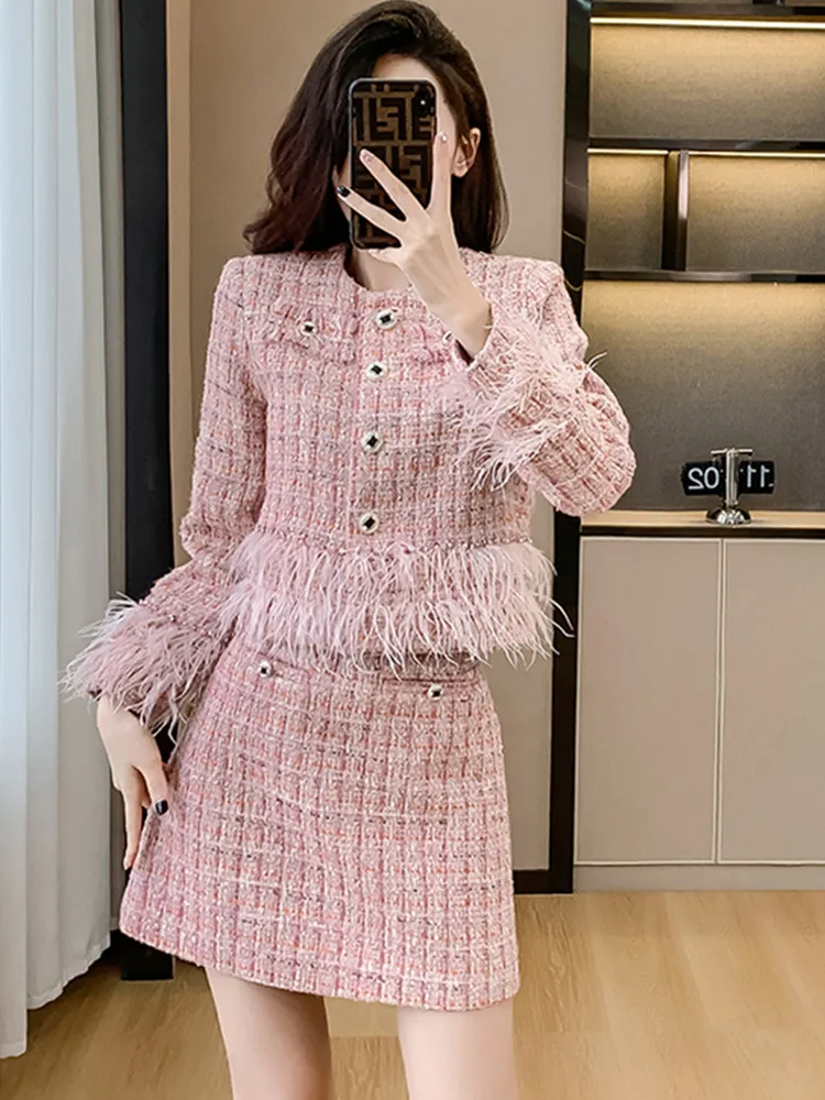 

SMTHMA Autumn Winter Light Luxury Woven Feather Tweed Coat Two Piece Set+Women High Waist 2 Piece Woolen Skirt Outfits