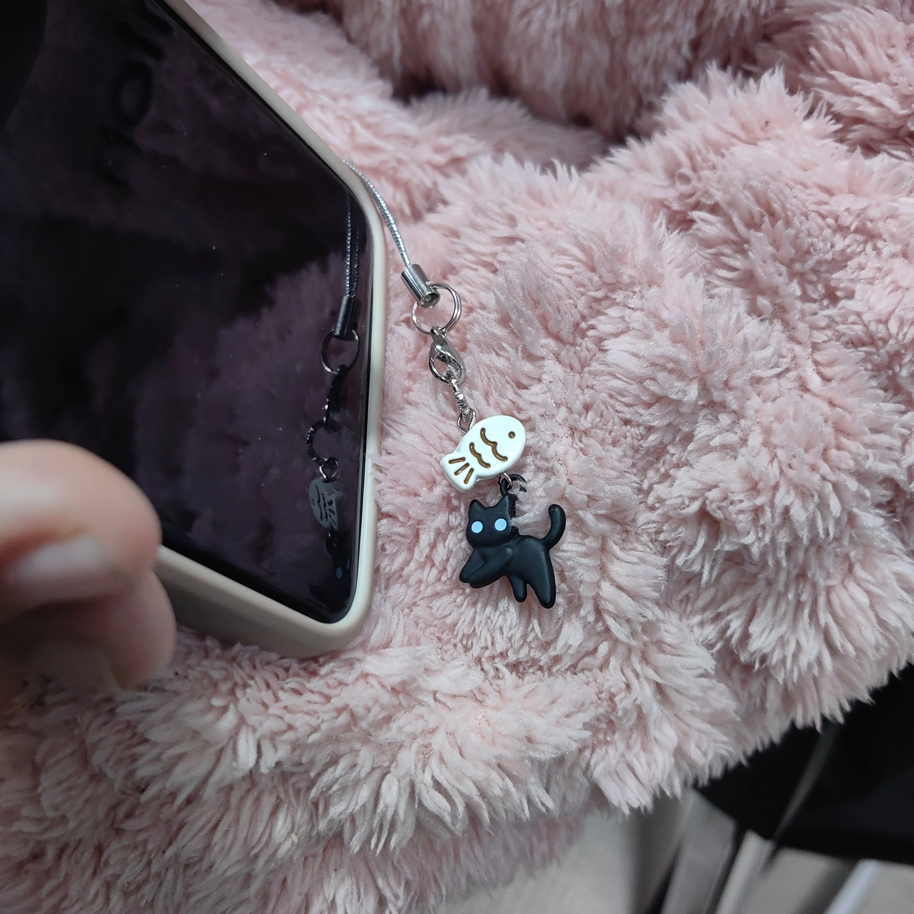 Adorable Black & White Cat and Fish Phone Charm & Keychain Pendant Set