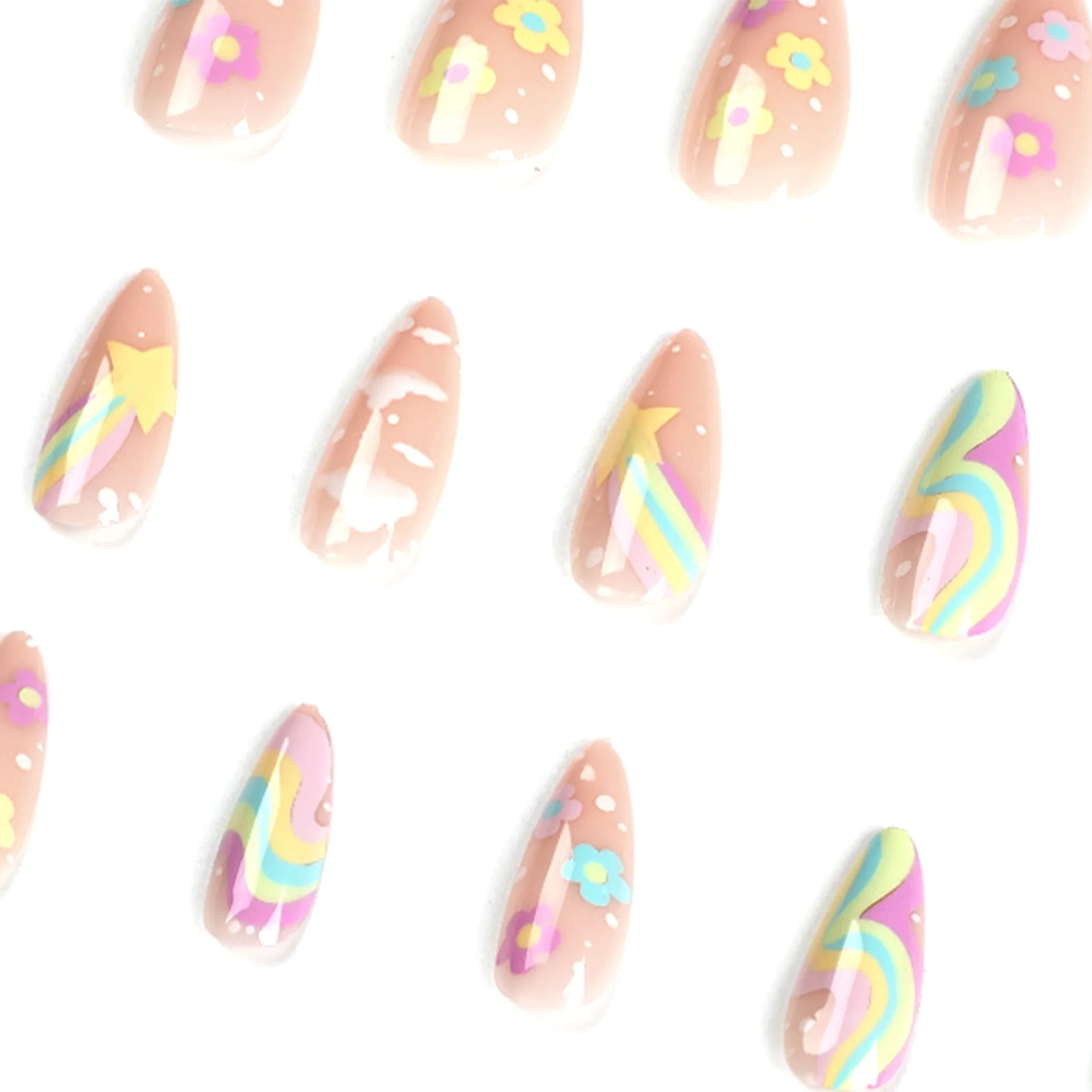 24pcs False Nail Tips for Girl Rainbow Cloud Star Printed Almond Fake Nails Full Cover Reusable Adhesive fake nails nail tips false nails false nail tips