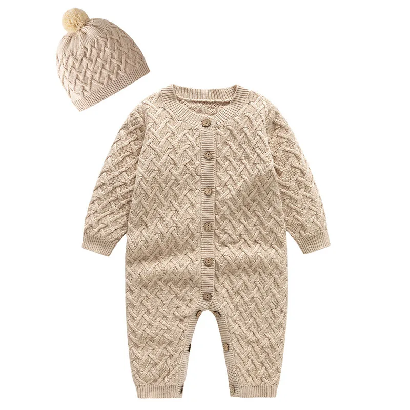 Autumn Winter Korean Style Newborn Baby Boys Girl Solid Color Knitting Jumpsuit+Hat Toddler Baby Romper Children Knitted Clothes