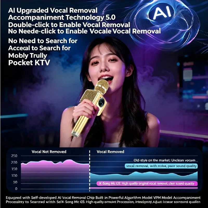 새로운 휴대용 럭셔리 골드 가라오케 마이크 블루투스 5.0 듀얼 스피커 보컬 리무버 10H 야외 파티 노래 무선 마이크