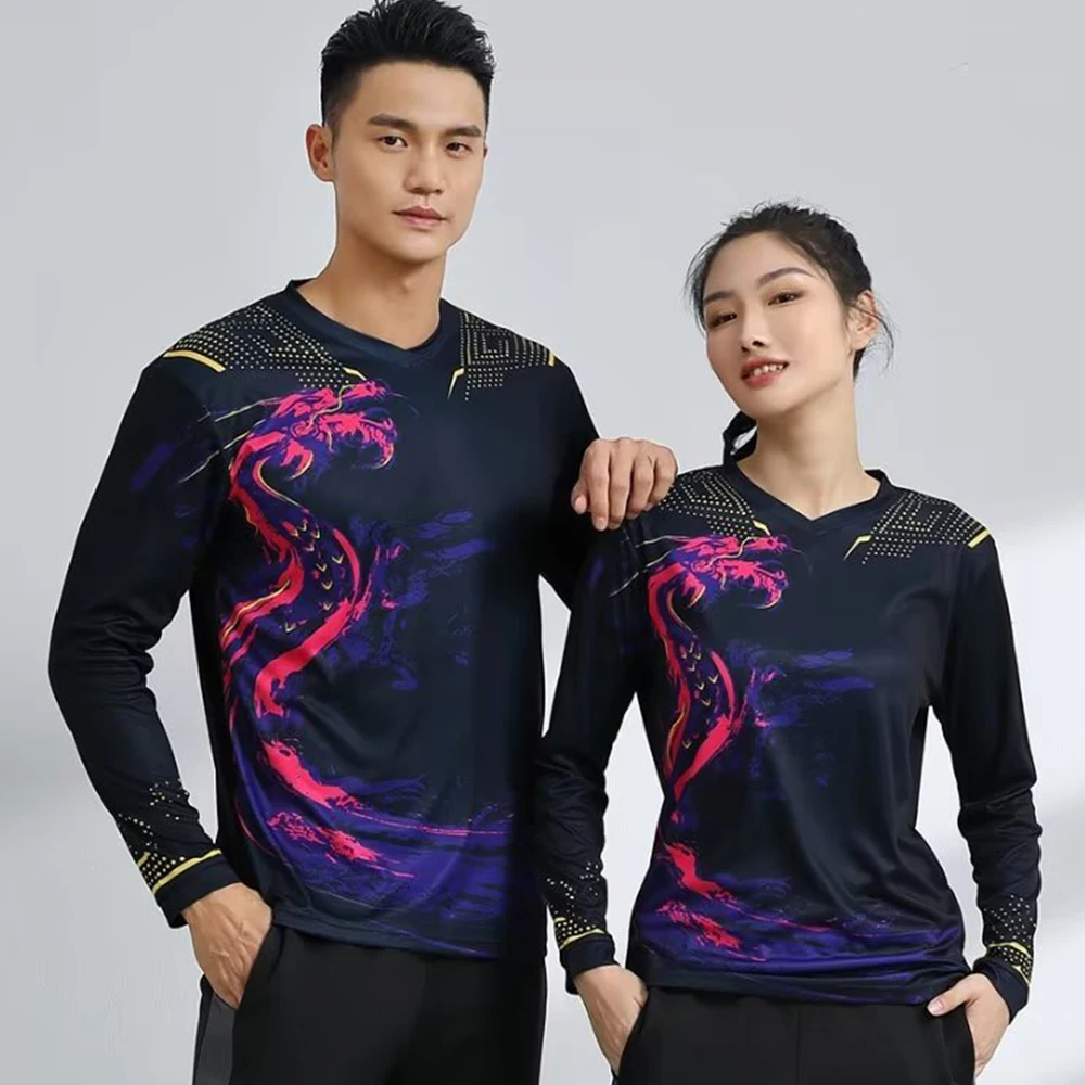 V-neck Long Sleeve Badminton T-shirt for Men Women Kids Autumn Winter China Style Dragon Print Tennis Ping Pong Uniform Top