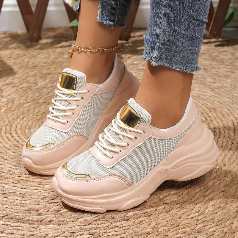 New Heel Mesh Sports Shoes Sneakers Women's Breathable Lace-up Platform Sneakers Splicing Lace Up Outdoor Vulcanized Shoes 2