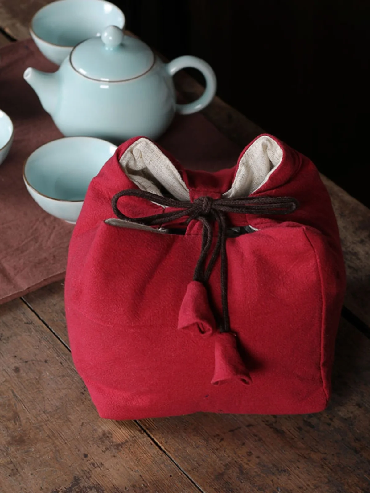 Portable Travel Tea Set Storage Bag Hemp Tea Cup And Pot Bag Zen Sle Japanese Design Handmade Pure Color Dining Utensils