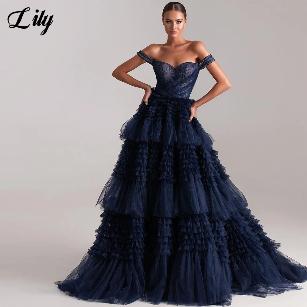 Lily Navy Blue Net Chic Woman Evening Dress Tiered Layer Ball Gown Shiny Off the Shoulder Night Dresses robe soir&eacute;e Customized