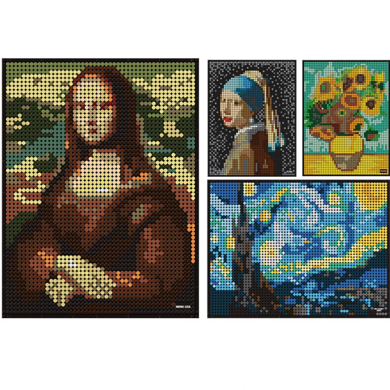 Mona Lisa Art Painting Girasoli Girl With A Pearl Earring Starry Night Model Building Blocks Van Gogh Classic Creative Bricks