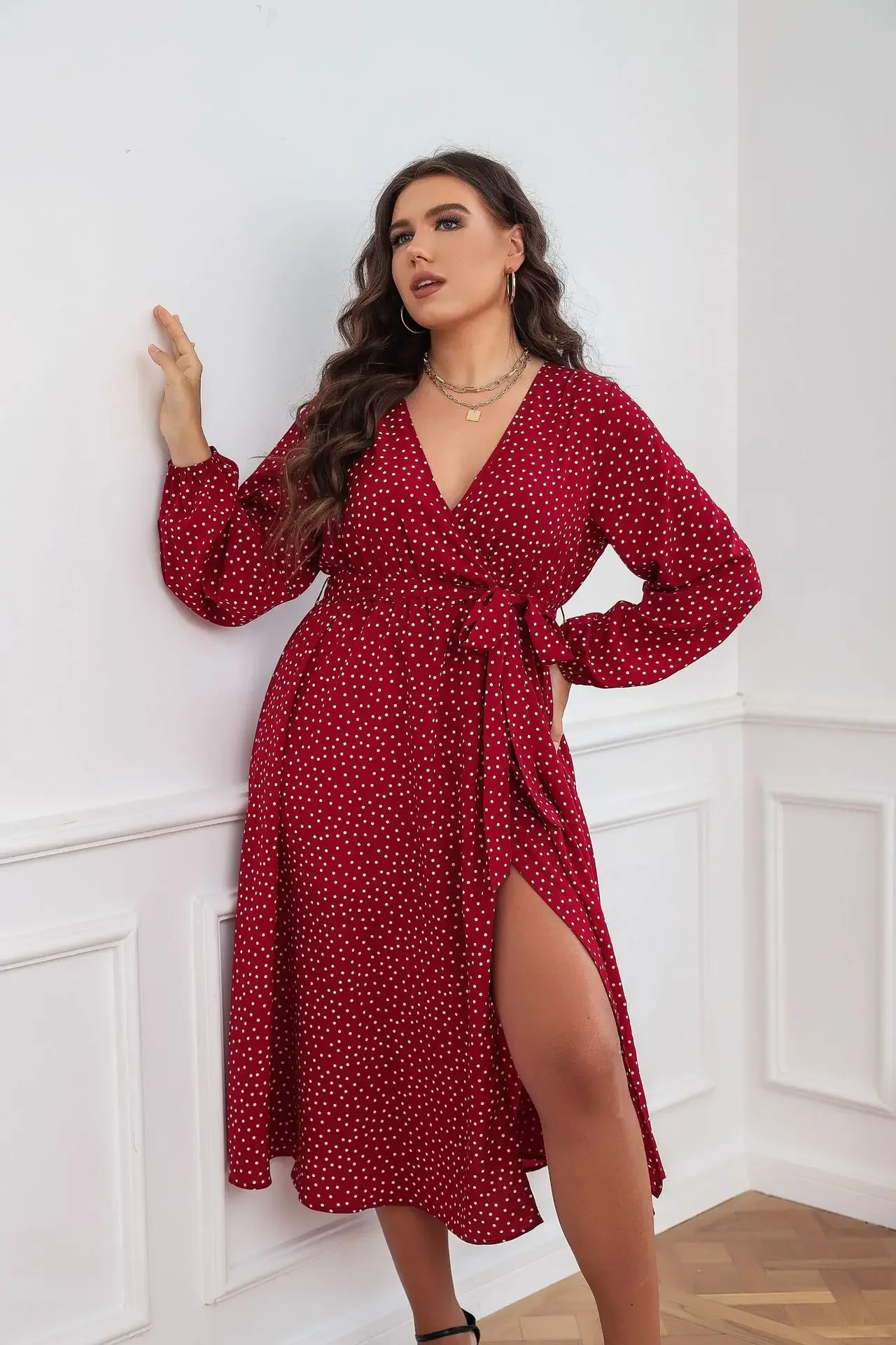 Plus Size Wrap V Neck Dresses Dotted Print Long Sleeves Boho Spring Fall A Line Swing Maxi Dress - view