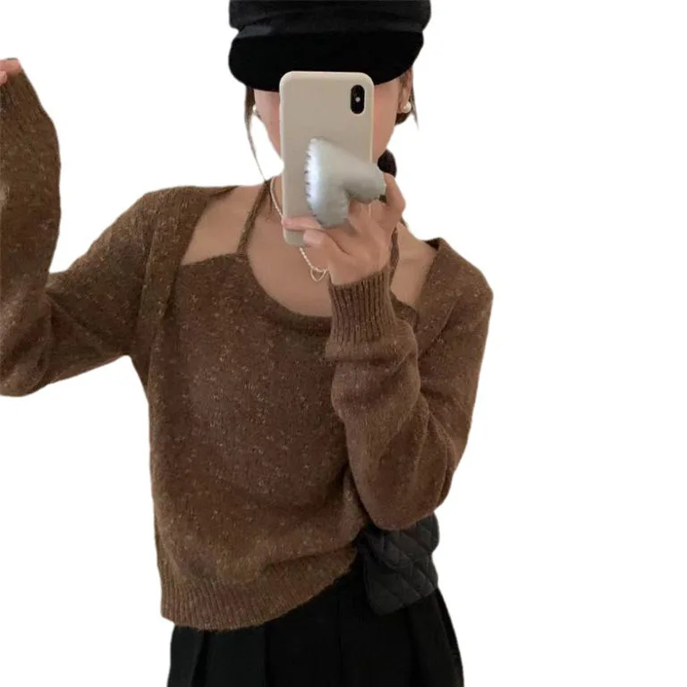 

Женская одежда, новый стиль, простой вязаный свитер с имитацией двух частей, универсальный Приталенный топ 13