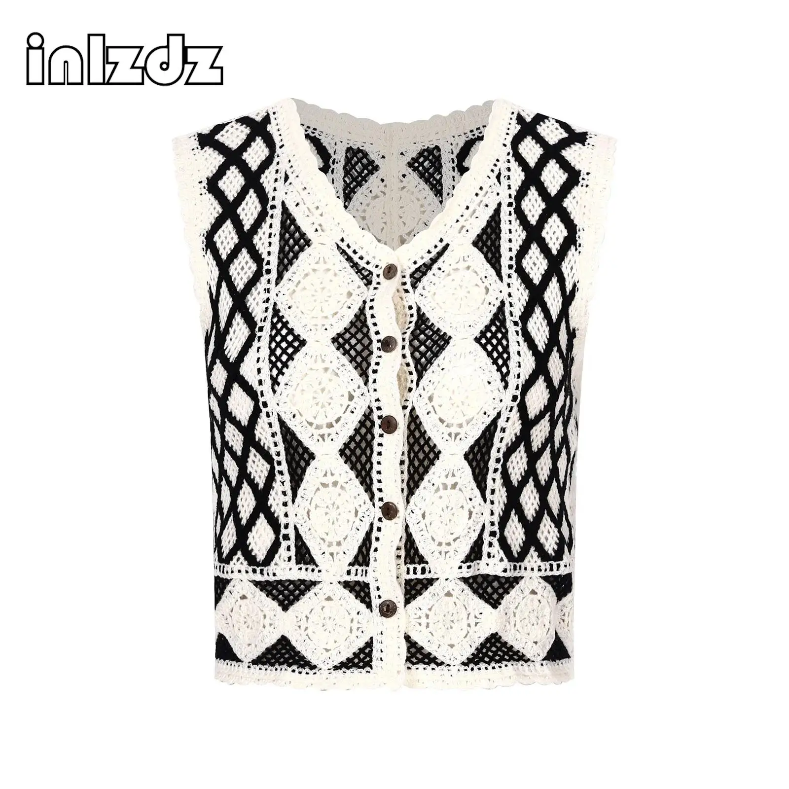

Womens Fashion Hollow Out Knitted Vest Flower Pattern V Neck Waistcoat Sleeveless Button Jacket Knitwear Tops