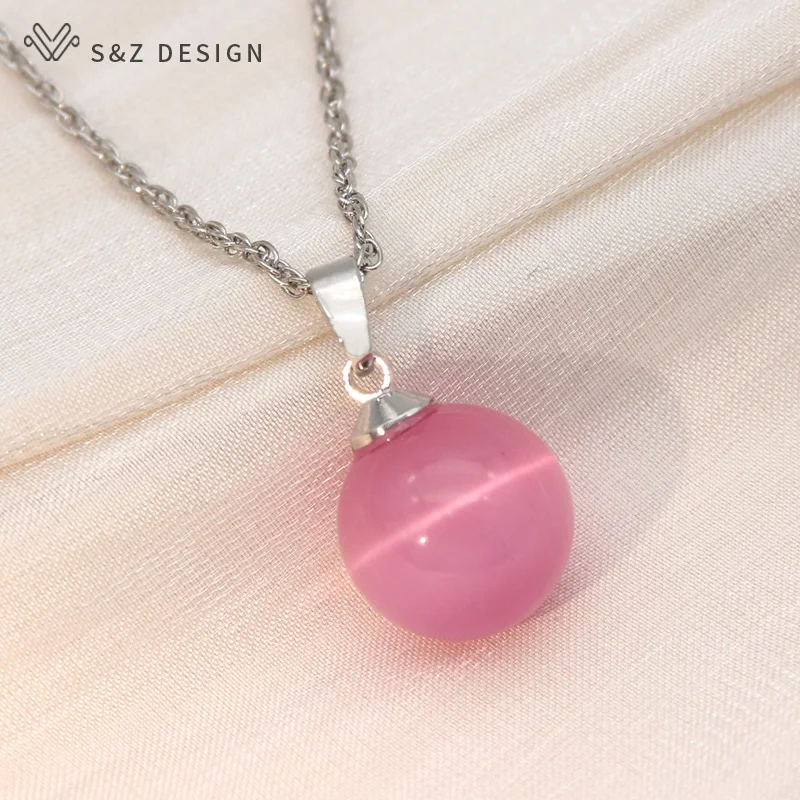 S&Z DESIGN New Fashion 585 Rose Gold Color Round Opals Cat's Eye Beads Pendant Necklace For Women Wedding Party Trendy Jewelry