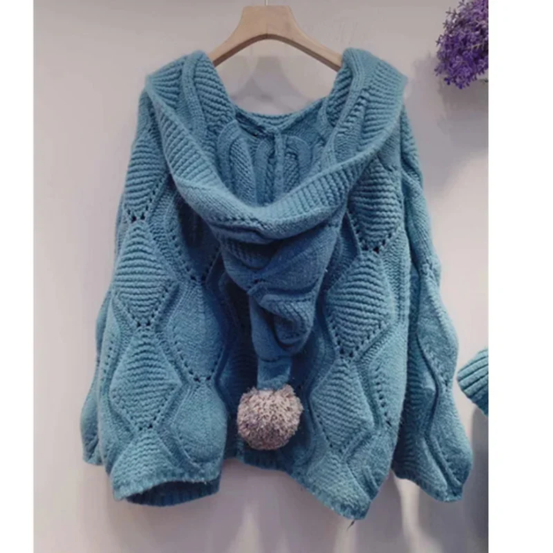 

Knitted Sweater Women Loose Lantern Sleeve Sweaters 2021 Autumn Fashion Cardigan Plush Jackets Solid Ladies Hooded pull femme