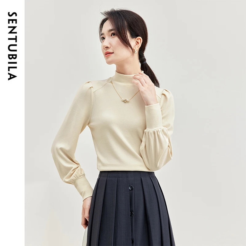 SENTUBILA Cotton Knit Slim Fit Pullovers Women 2025 Spring Hight Collar Pearl Chain Lanter Sleeve Elegant Tops Ladies 143H56768X 5
