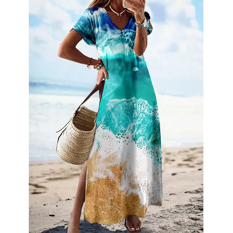 

Vintage Floral Printed Dresses For Women V-neck Short Sleeves Loose Long Slit Dress Ladies 2023 Summer Casual Vacation Bohemian