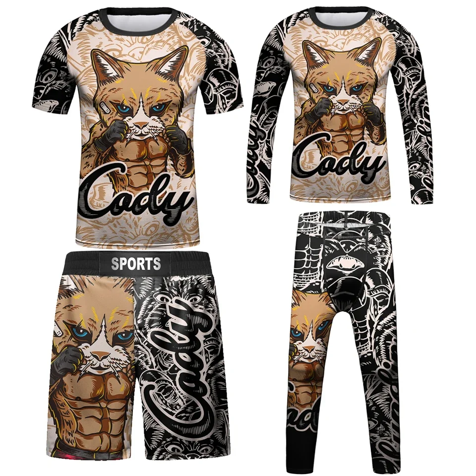 Kids Rashguard Jiu jitsu MMA T-shirt+Pant Bjj KickBoxing Sets Boy Gym Children Muay Thai Shorts MMA Clothing Compression Tights sports apparel