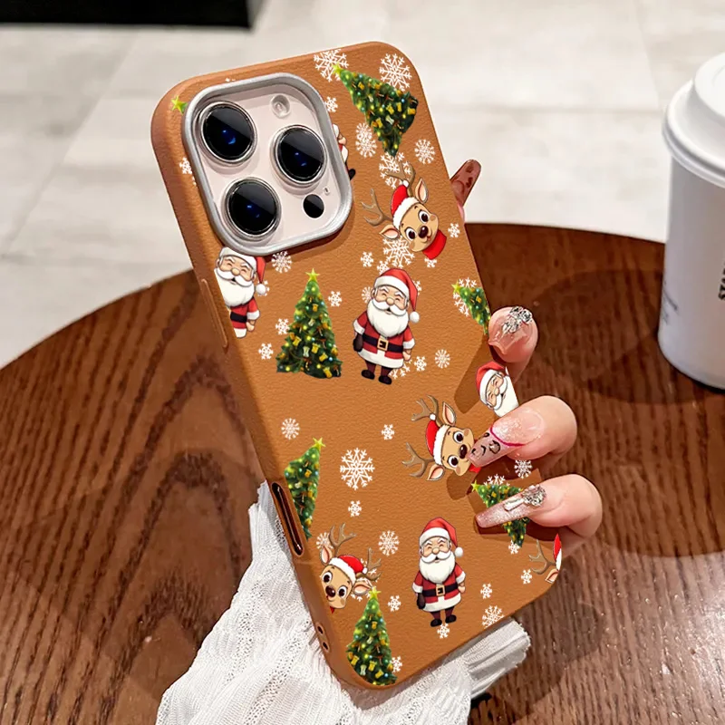 Elegant Leather Texture Christmas Santa Elk Shockproof Case - Solid Color Cover