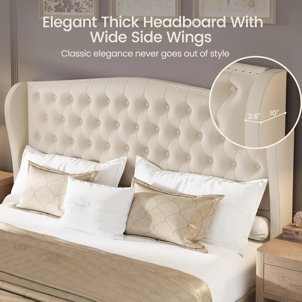 King Size Bed Frame Velvet Upholstered Platform Beds with Wingback Headboard & Footbaord, Deep Button Tufted King Bed Frame 3