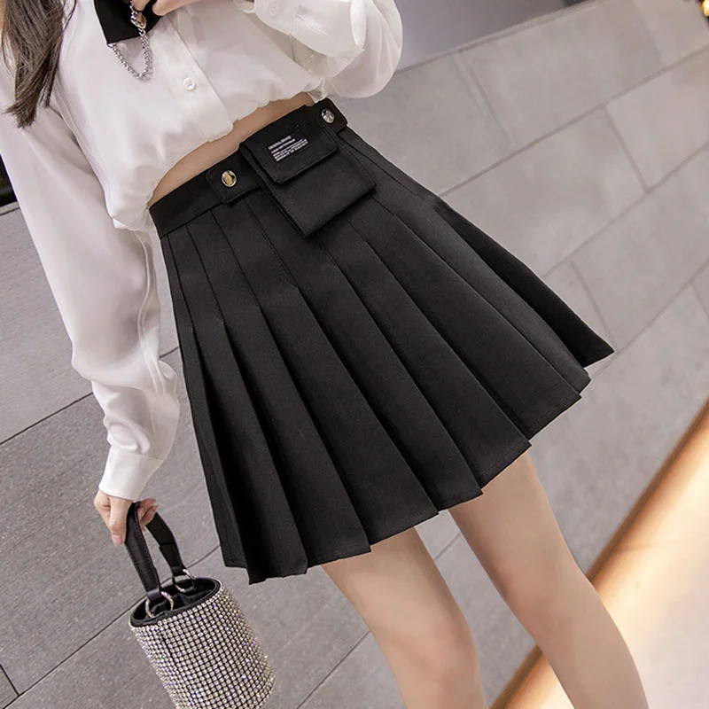 Punk Gothic Women Pleated Skirts Black High Waist Female