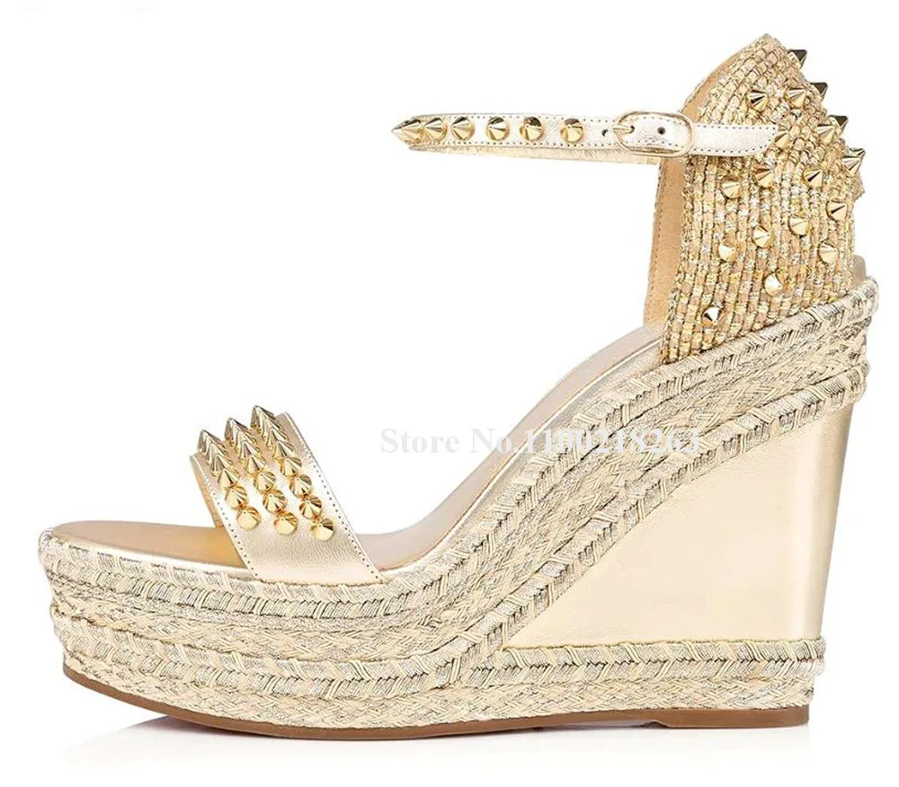 Designer Rivets Wedges Sandals Sexy Open Toe Metal Studs Black Gold Patchwork High Platform Plaited Spikes Wedges Wedding Heels