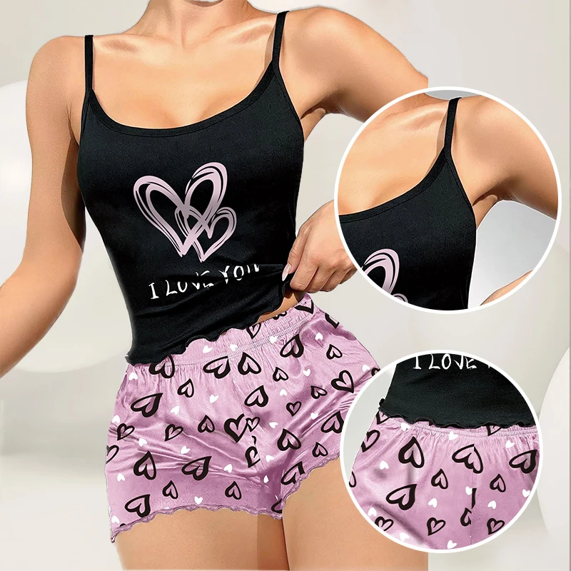 Women's Milk Silk Pajamas Set Summer Sleeveless Heart Print Shorts Sleepwear Sexy Comfortable Loungewear Two Piece