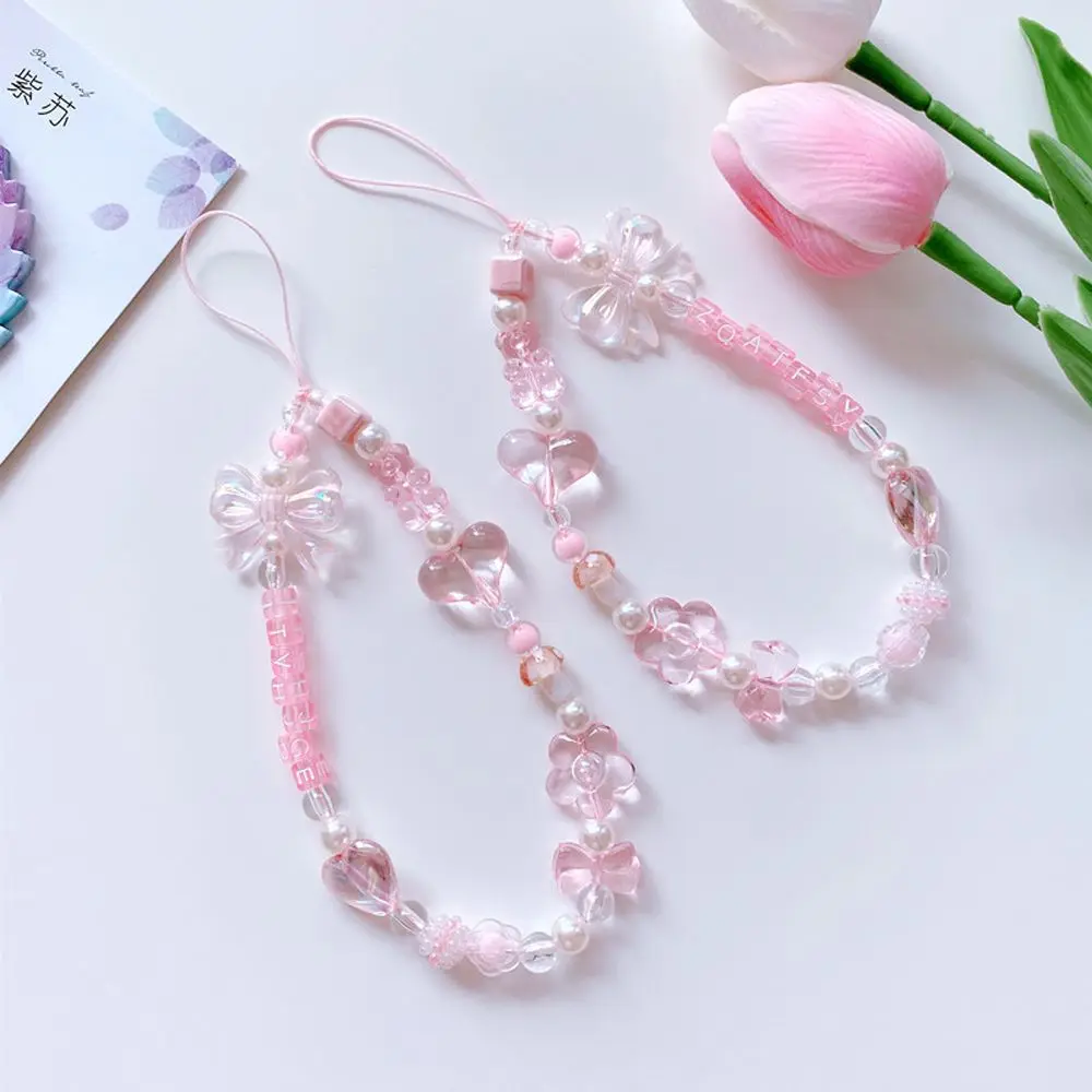 Pink Beaded Acrylic Phone Charm Wrist Strap Lanyard