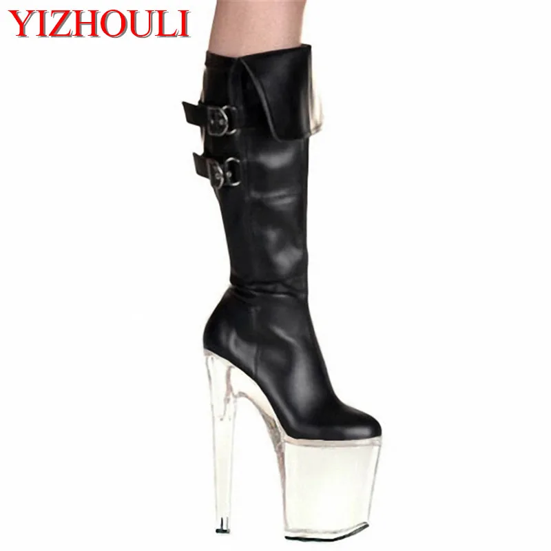 

8 Inch Sexy Knee High Rider Boots 20cm Stiletto Heel Boots Stretch Platform buckle Fashion Crystal dance shoes