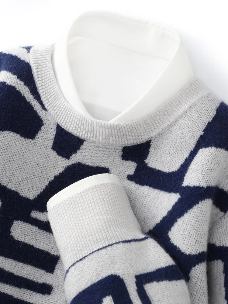New Chic Men's 100% Cashmere Sweater O-neck Jacquard Pullover Thick Soft Warm Cashmere Knitwear Autumn Winter Casual Jumpers 4